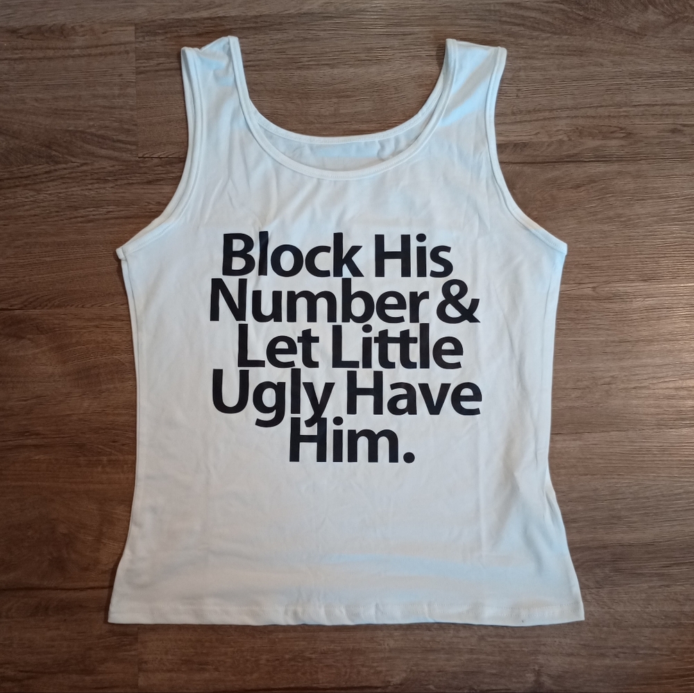Adorable Sleeveless White Crew Neck Tank Top with a Saying